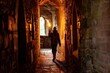 adventurer walking through castle corridor with torch