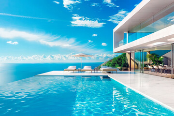 Wall Mural - Sea view. A luxury modern white beach hotel with swimming pool. Sunbed on sundeck for vacation home or hotel