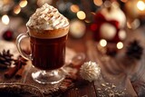 Irish coffee with whipped cream and cinnamon in a cozy festive atmosphere