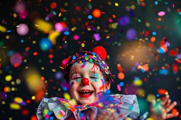 Wall Mural - cheerful clown child surrounded by colorful confetti