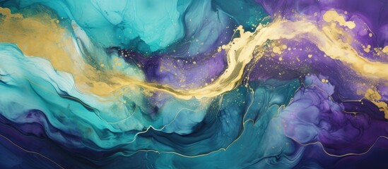 Poster - A detailed closeup of a blue and purple painting featuring a gold swirl, resembling a natural landscape with an electric blue atmosphere and liquid flow