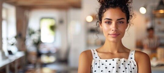 Wall Mural - Confident businesswoman in office with arms crossed, on blurred background with copy space.