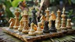 Create a scene of a chess game where the pieces are made of intricately carved fruits, set on a board 