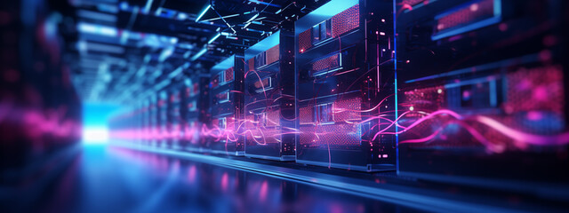 Wall Mural - Energetic Data Servers with Electric Pink Pulses