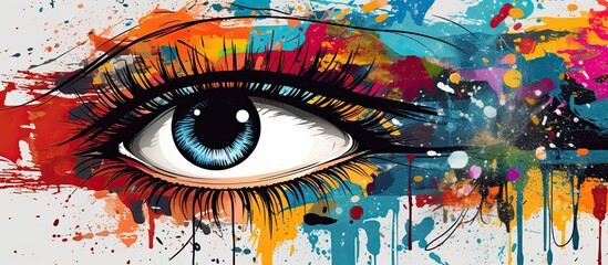 Poster - A detailed closeup of a vibrant painting capturing the facial expression of a womans eye. The eyelash, iris, and violet eye shadow add depth to the art piece