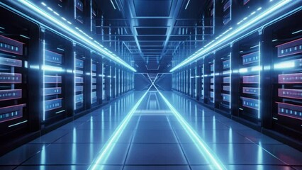 Poster - Corridor in Working Data Center Full of Rack Servers and Supercomputers with Internet connection