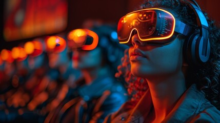 Poster - Woman Experiencing Virtual Reality in Neon Lights