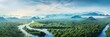 Rainforest river aerial view landscape. Horizon with fog and sky. Rainforest banner
