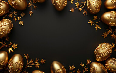 Hyper-realistic golden easter egg frame: stunning template against a sleek black background