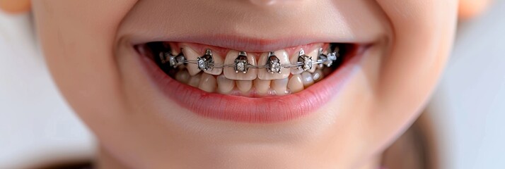 Child s happy smile with white teeth   metal braces on bright white background, copy space