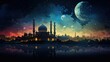 illustration beautiful muslim mosque illuminated by the moon at night, background for ramadan cards, banner