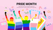 Pride Month collage concept. Vector illustration with paper silhouettes of people colored pride month flags. Collage with cut out paper silhouettes of people and doodles for decoration of LGBT events.