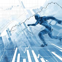 Poster - Futuristic runner with dynamic graphs - A digitally rendered athlete runs with determination against a backdrop of financial graphs, symbolizing progress and the competitive business world