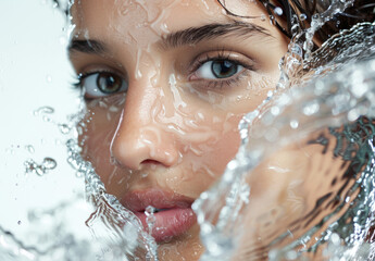 Water splashes on a beautiful woman's face against a white background in the style of a beauty and skin care concept