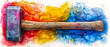 Artistic rendition of a hammer and wood plank with watercolor splashes in a multicolored gradient