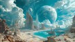 Design a visually captivating panoramic image depicting a dream realm merging seamlessly with a parallel universe Incorporate dreamlike elements intertwined with futuristic landscapes to evoke a sense