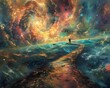 Illustrate a panoramic visualization that blurs the boundaries between dream realms and parallel universes Use a combination of symbolic imagery and abstract elements to convey the idea of multiple re