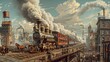 Produce a dynamic graphic capturing the evolution of transportation during the Industrial Revolution - from horse-drawn carriages to steam-powered locomotives Zoom in on intricate details to highlight