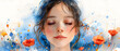 Peaceful illustration of a girl with closed eyes surrounded by poppies and blue splashes