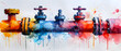 A vivid watercolor art piece displaying a series of pipe valves colored in vibrant hues and dripping paint