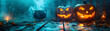 A Halloween scene with two jack o lantern pumpkins, a haunted house, and festive decorations, perfect for Halloween displays and spooky themed events.
