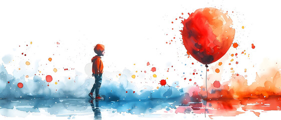 a solitary child stands facing a giant red balloon in a vibrant, abstract watercolor landscape, symb