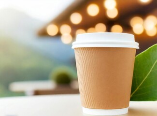 Paper coffee cup mockup isolated on cafe background copy space. Blank template coffee mug.