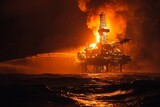 Fototapeta Boho - Night-time flaring, bright flames on rig, dark ocean, stark contrast