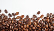 © Your Hand Please - Coffee beans border: isolated on white background banner, with ample white space for captions. Panoramic view