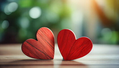 two red wooden hearts symbolizing love and connection on rustic table