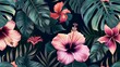This seamless floral pattern in Hawaiian style features tropical flowers, palm leaves, jungle leaves, hibiscus, and birds of paradise.