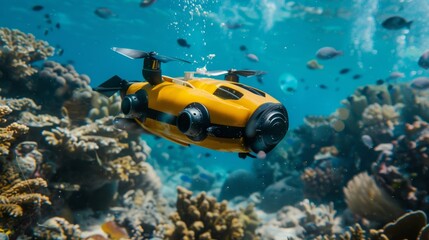 Aufkleber - Yellow Submarine Floating Above Coral Reef