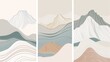 Set of creative minimalist modern line art prints. Abstract mountain contemporary landscapes. With mountains, forests, seas, skylines, and waves. Modern illustrations.
