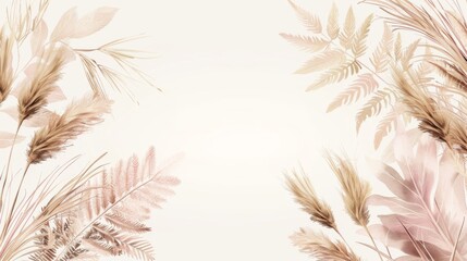 Wall Mural - Square frames with deluxe beige and blush modern designs. Pastel pampas grass, fern, tropical palm leaves. Watercolor brush texture. Suitable for wedding cards. All elements are isolated and