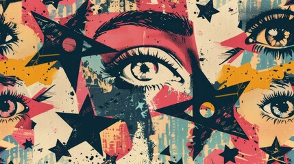 Poster - This seamless pattern has a popart style with a star pattern and textured background. Halftone eyes, with a grunge style. This is a modern illustration in the grunge/popart style.