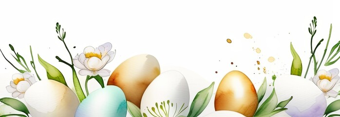 Easter composition of colorful easter eggs and spring flowers over white background. Springtime holidays concept with copy space. Light banner,panorama,background