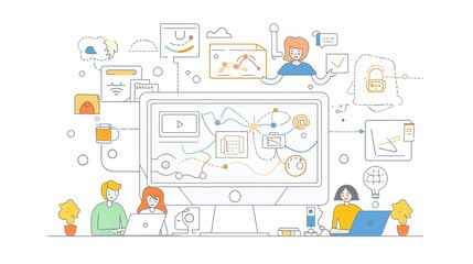 Poster - people viewing business work on the internet infographic concept design. modern illustration in flat