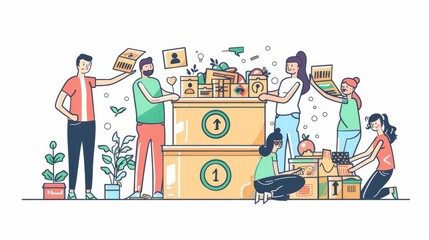 Poster - Donations are being made around huge fundraising boxes. This is a minimal flat design style modern illustration.
