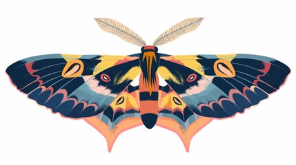 Wall Mural - The exotic butterfly is flying. Tropical moths with beautiful colorful wings. Summer insects, top view. Modern illustration, flat graphic, isolated on a white background.