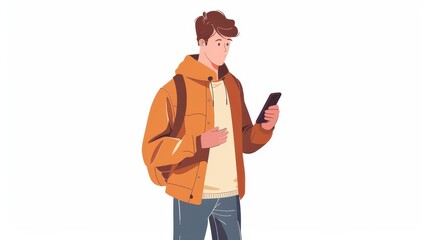 A young man holds a mobile phone, using a smartphone. He is looking through the Internet, reading online, surfing the web. A flat graphic modern illustration isolated on a white background.