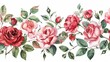 Digital watercolor illustration showing a bouquet of roses, spring blossoms. Horizontal border: red, mauve, pink flowers, buds, green leaves on a white background.