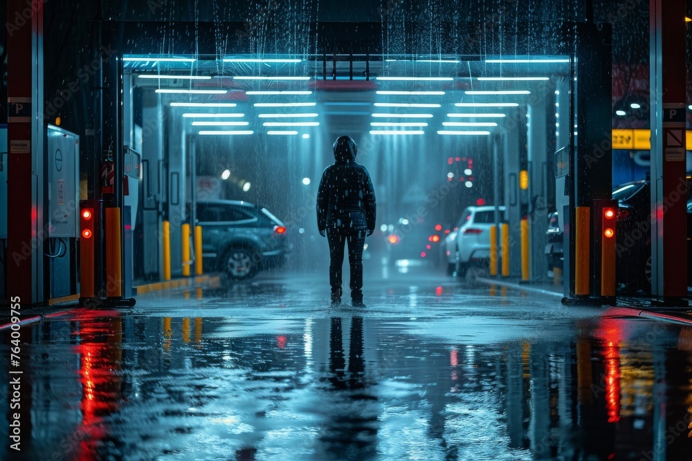 Image depicts a solitary figure walking in the rain at night, with reflections of car lights and city vibes