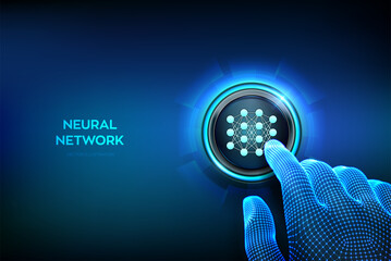 Wall Mural - Neural network technology concept. AI. Artificial Intelligence. Machine Learning. Deep learning. Big data analysis. Closeup finger about to press a button with Neural network icon. Vector illustration