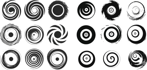 Spiral vortex motion elements, vertigo motion swirl spiral silhouettes vector illustration element set