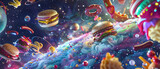 Fototapeta Kosmos - the universe with planets, stars, and galaxies, transformed into fast food styled like neon lights.