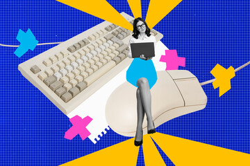 Poster - Artwork creative illustration collage of young copywriter woman worker sitting in coworking using laptop mechanical keyboard and mouse