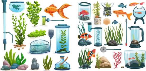 Wall Mural - Underwater pet fishes, plants and aquarium decorations vector illustration set