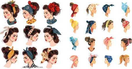 Hairstyle fashion vintage headscarves vector illustration set