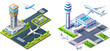 Isometric airport building and runway, plane taking off