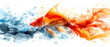 A vibrant koi fish weaves through contrasting streams of cool and warm watercolors, symbolizing harmony and balance